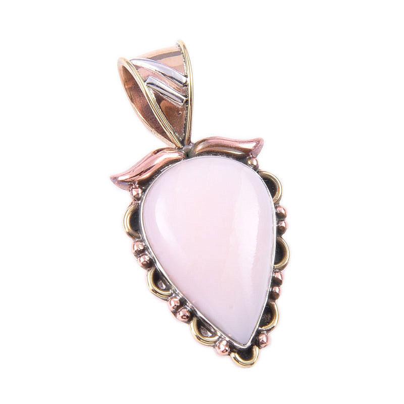 Natural Pink Opal Gemstone 925 Solid Sterling Silver Two Tone Pendant 1.25" m3P06