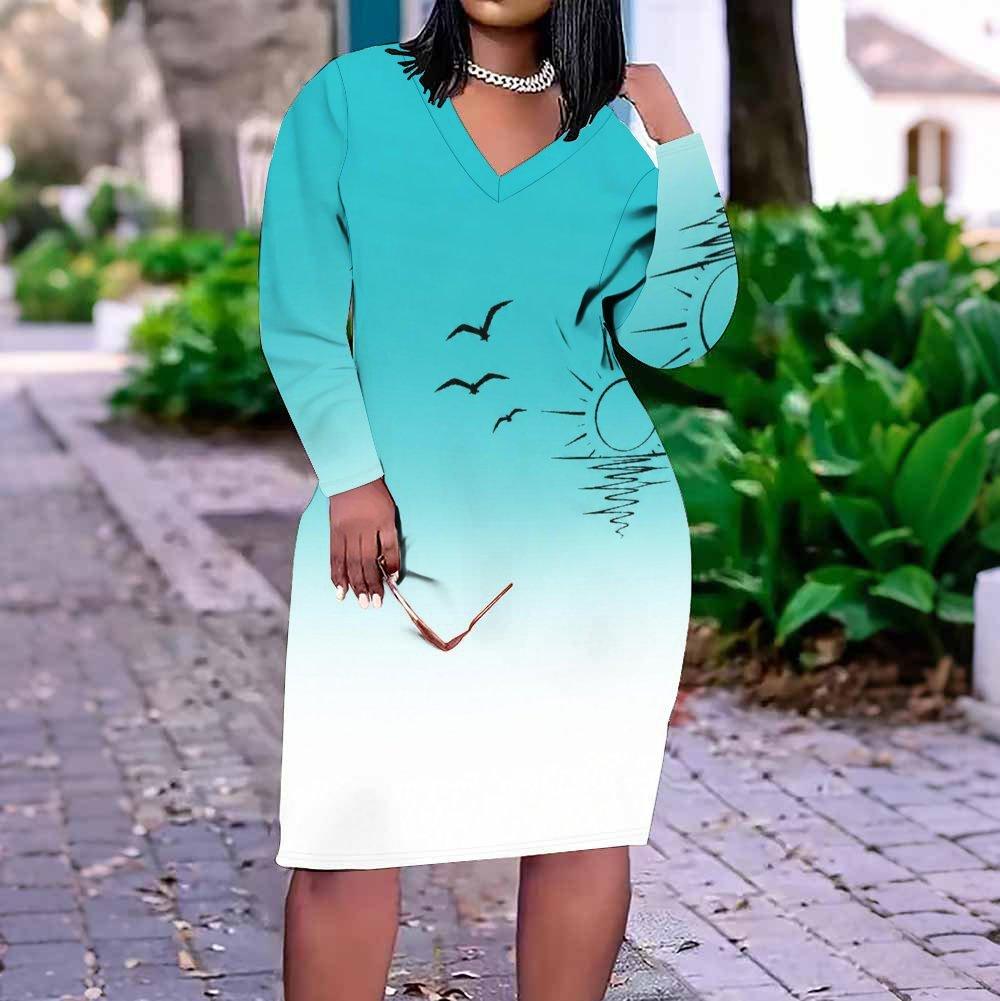 Women Plus Size V Neck Long Sleeve Gradient Printed Fitted Midi Dress