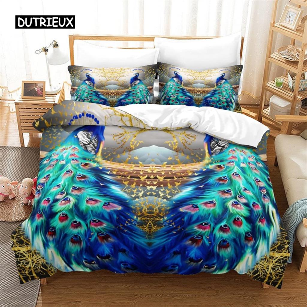 Duvet Cover Peacock Exotic Birds Animals Quilt Cover Polyester Feather Butterfly Flowers Bedding Set King For Girls Teen Room