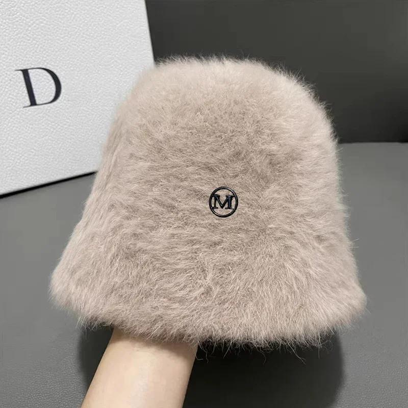 Korea Designer M Bucket Hat Woman Warm Plush Angola Rabbit Fur Hat Lady Autumn Winter Ins Fashion Basin Hat Retro Fluffy Panama