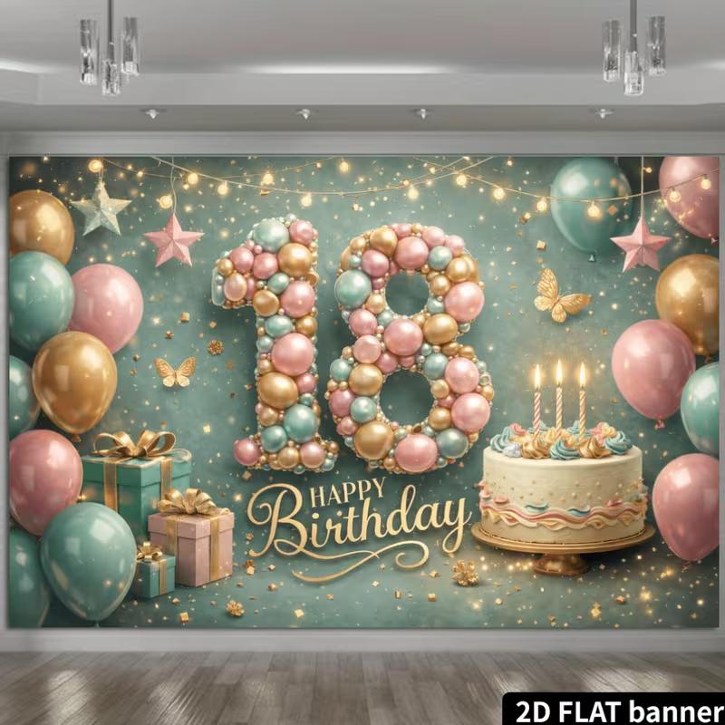 2D 18th Birthday Banner Teal Pink Gold Happy Birthday Party Decor