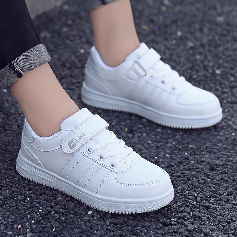 Students Children Little White Shoes Boys Flat Sneakers Girls Elementary School Leather Running Shoes Medium Older Children Board Shoes