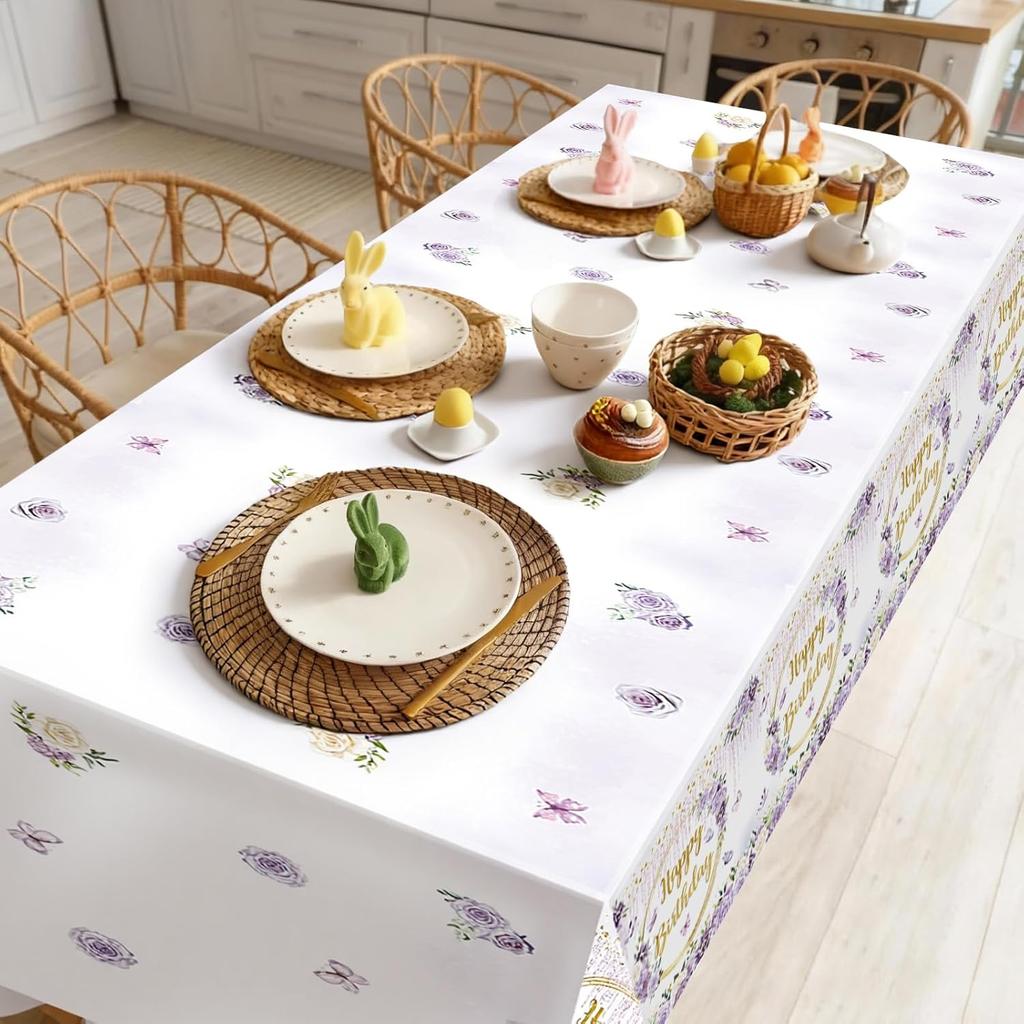 MEHOFOND 3pcs Purple Happy Birthday Tablecloths for Girls, 108x54“ Pastel Violet Floral Dripping Glitter Bday Disposable Table Cover,Spring Flowers