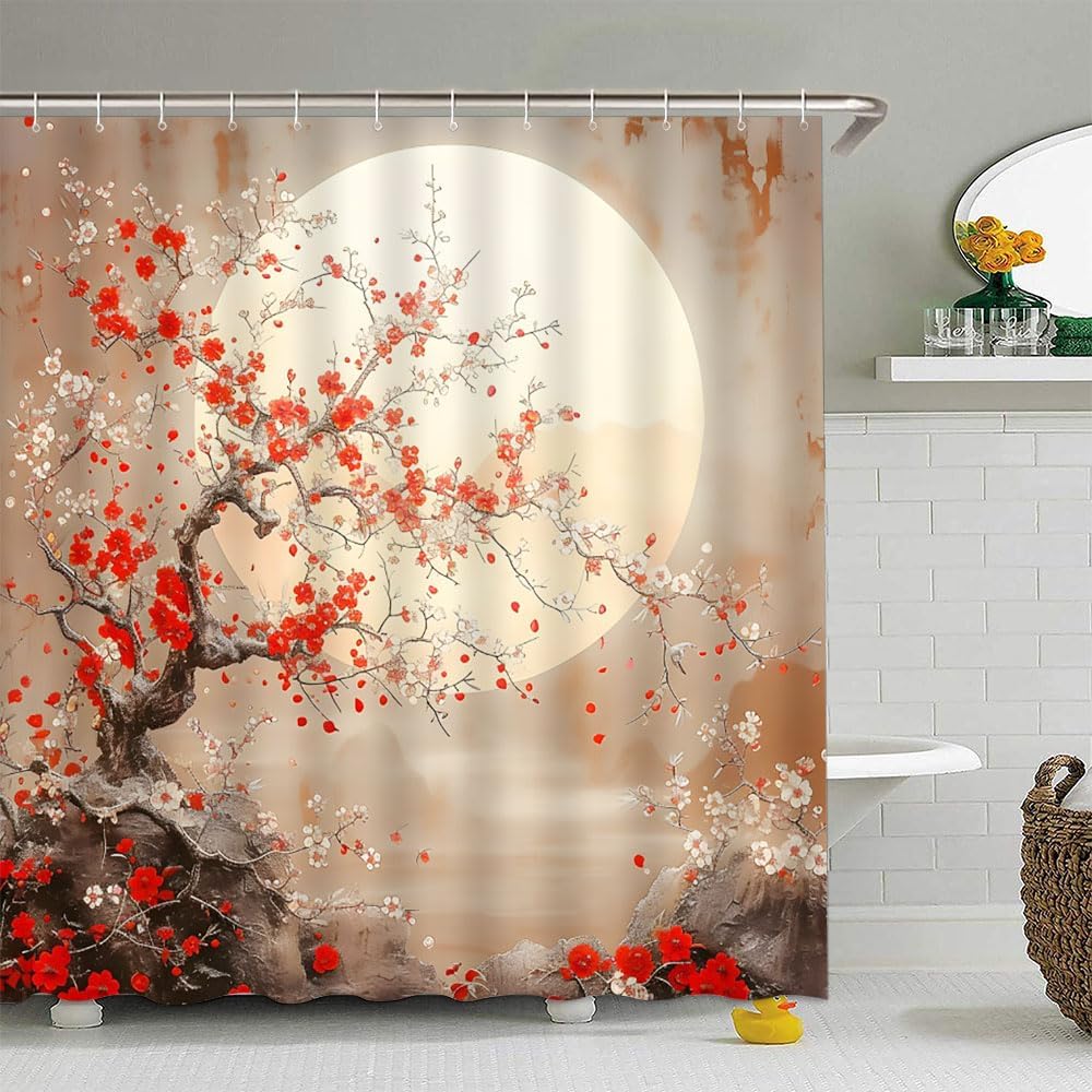 Dunika Chen Brown/Red Asian Decor Shower Curtain Cherry Blossom Branch Full Moon Japanese Floral Chinese Traditional Ink Painting Vintage