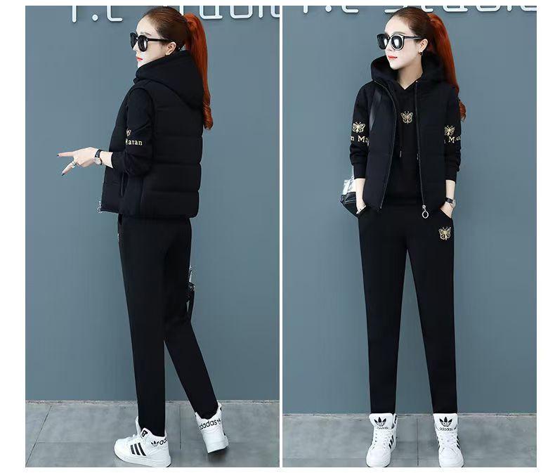 Women's Fleece-Lined Embroidered Hoodie Three-Piece Set for Autumn/Winter 2024