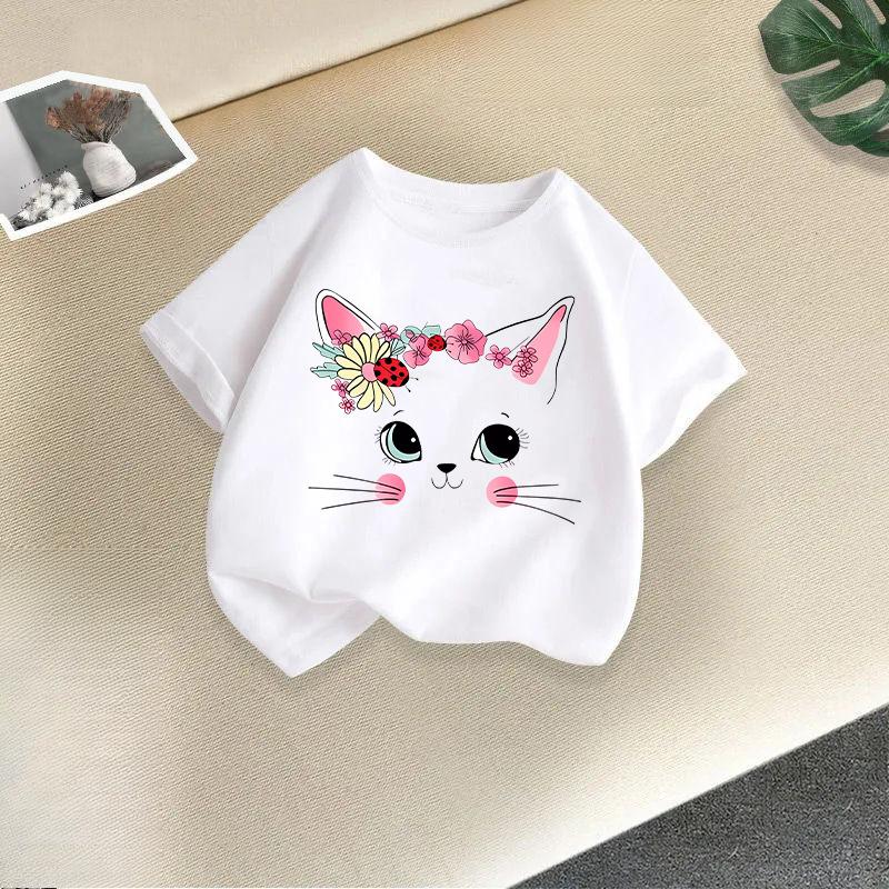 Summer Kids T Shirt Flower Cat Graphic Shirt Girls Floral Kitty Tops White Short Sleeve Wild Tee Cute Animal Cartoon Cat T-shirt