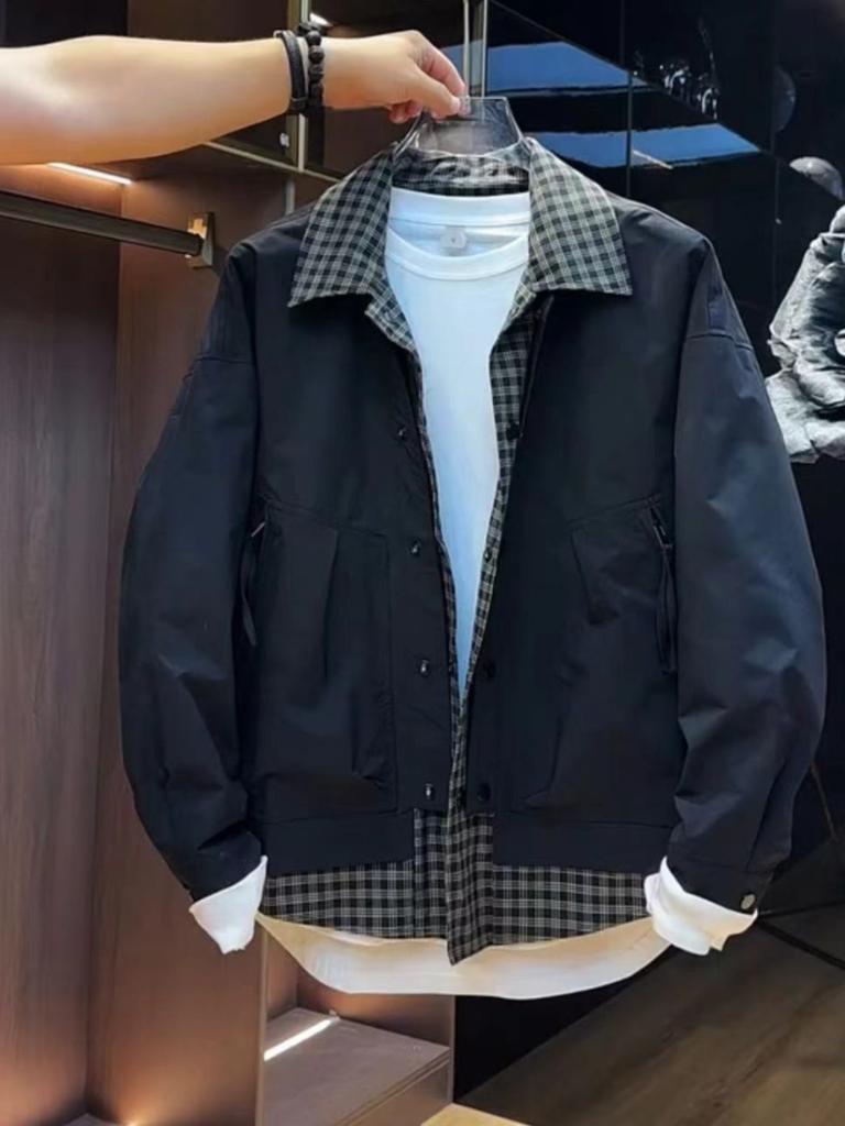 Fake Two-piece Tooling Lapel Plaid Collar Jacket Men's Autumn Korean Version Trendy Top Youth Ruffian Handsome Casual Jacket