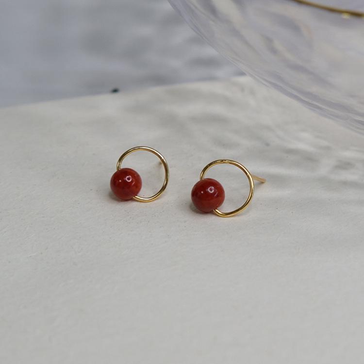 Guochao Retro Elegant Circle Stud Earrings, Gold-Plated S925 Sterling Silver, Women's Red Bean Jewelry