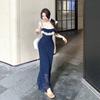 Blue Lace Splicing Floral Suspender Dress Children's Summer New French Beautiful One-word Collar Dress