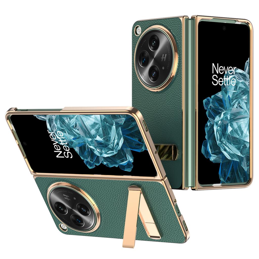 For OnePlus Open Case Litchi Texture Leather+PC Phone Kickstand Cover with Tempered Glass Film