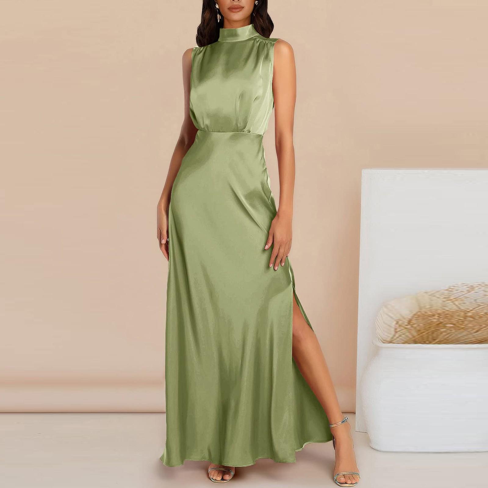 

Женское летнее длинное официальное атласное платье с воротником на шее без рукавов с боковым разрезом струящиеся макси-майки XXL