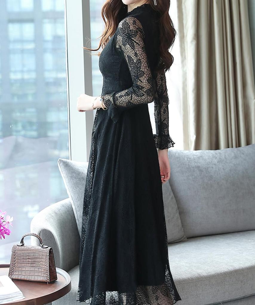 Sueeya Lace Long Ruffle Long Perfect for and Size M Women's Dress, Sleeves, Flared, All-Over Print, Cute, High-Waisted, Slimming, Stylish, Sheer,