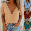 Women's Fashion Casual Solid Color Print Short Sleeve V Neck Blouses & Shirts