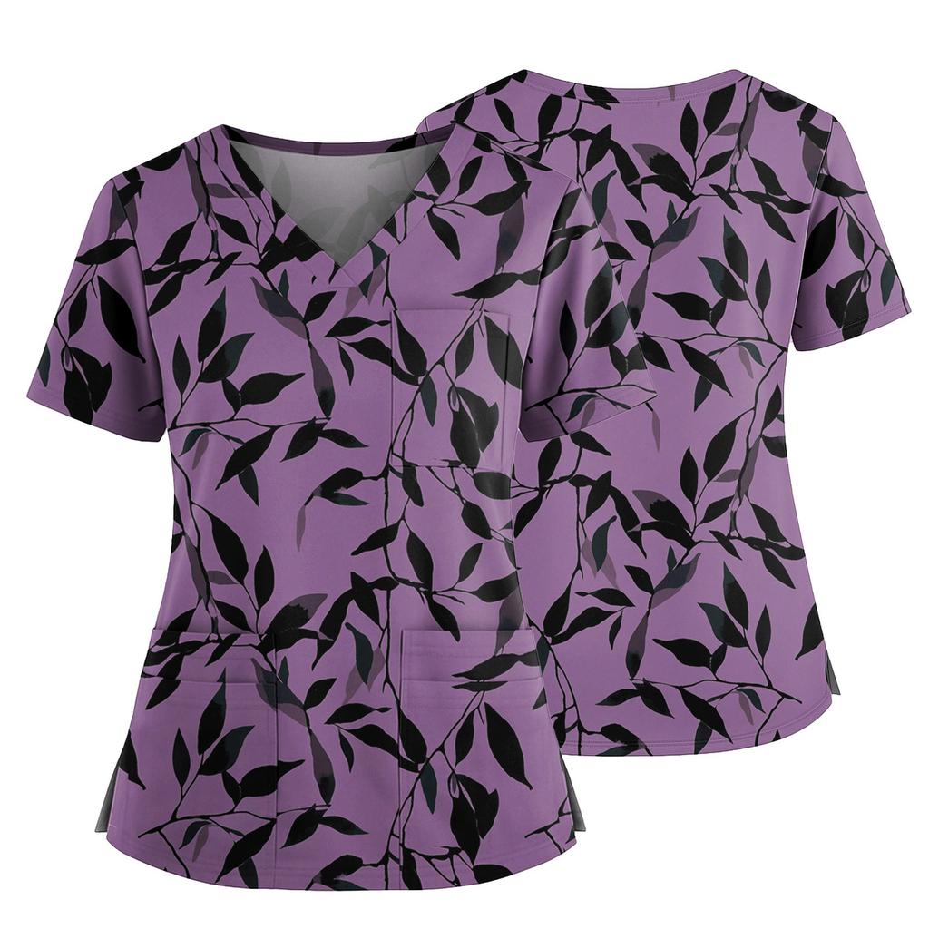 Damen Casual Bedrucktes V-Ausschnitt Taschen Seitennaht Schlitz Kurzarm Top