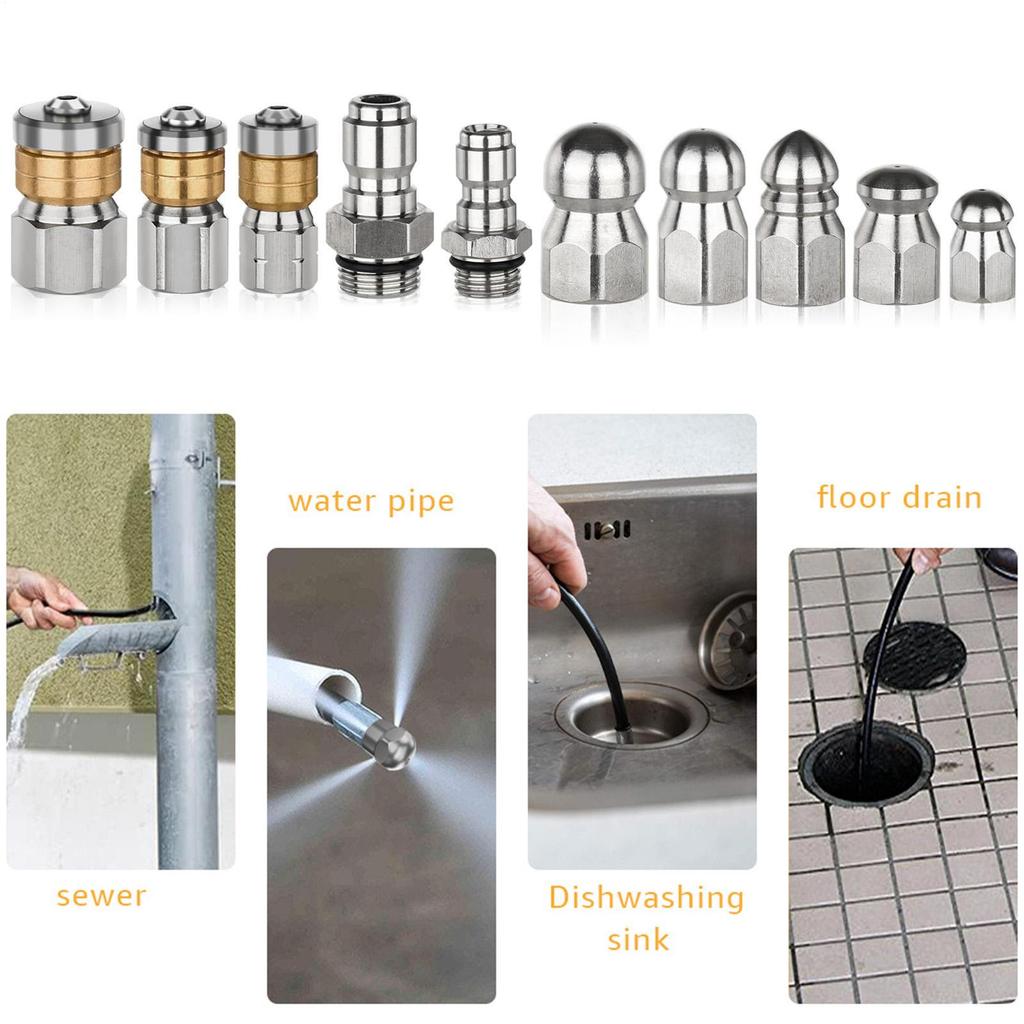 Sewer Jetter Nozzle with 1/4" 3/8" Connectors Stainless Steel Tips 10-Piece Clean Nozzle for Pressure Washer for Home Parking