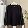 Plus Size Women Long Sleeve Top Pleated Cuff Crew Neck Casual