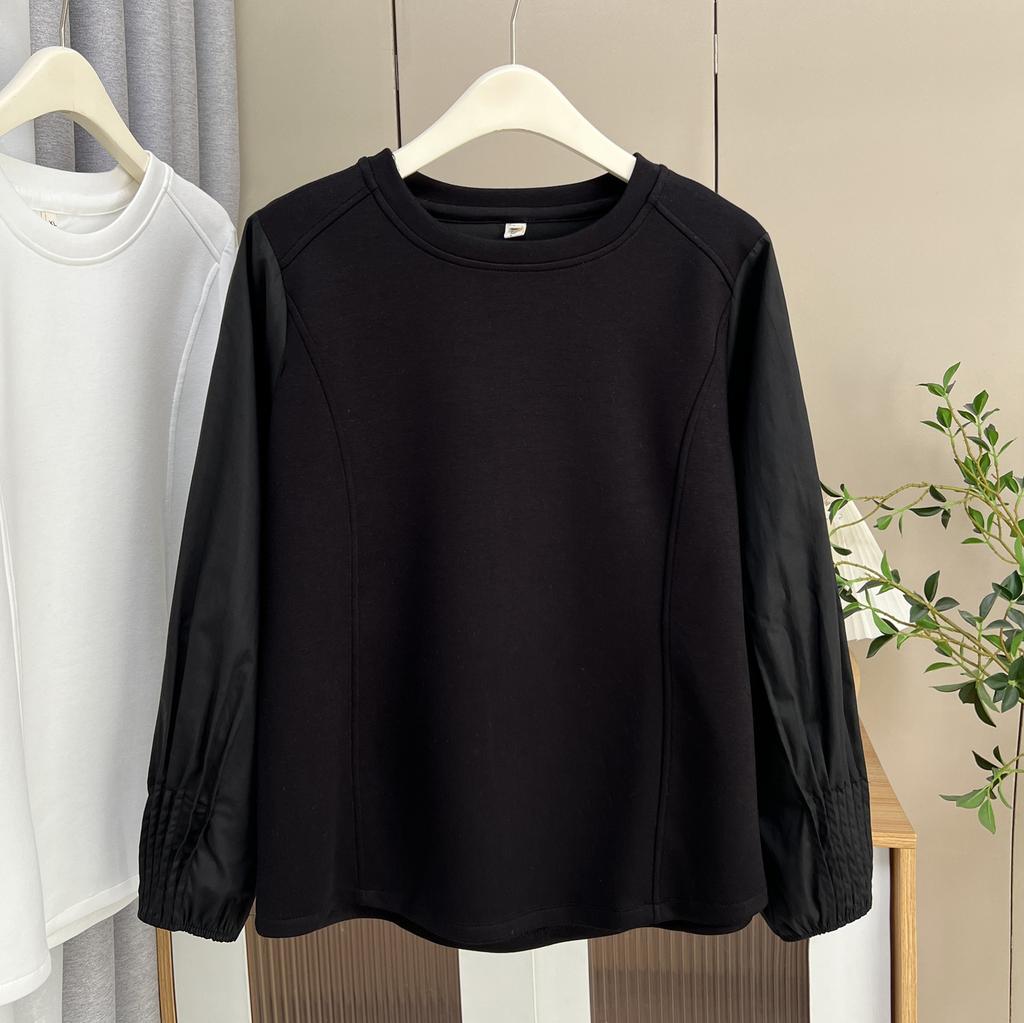 Plus Size Women Long Sleeve Top Pleated Cuff Crew Neck Casual