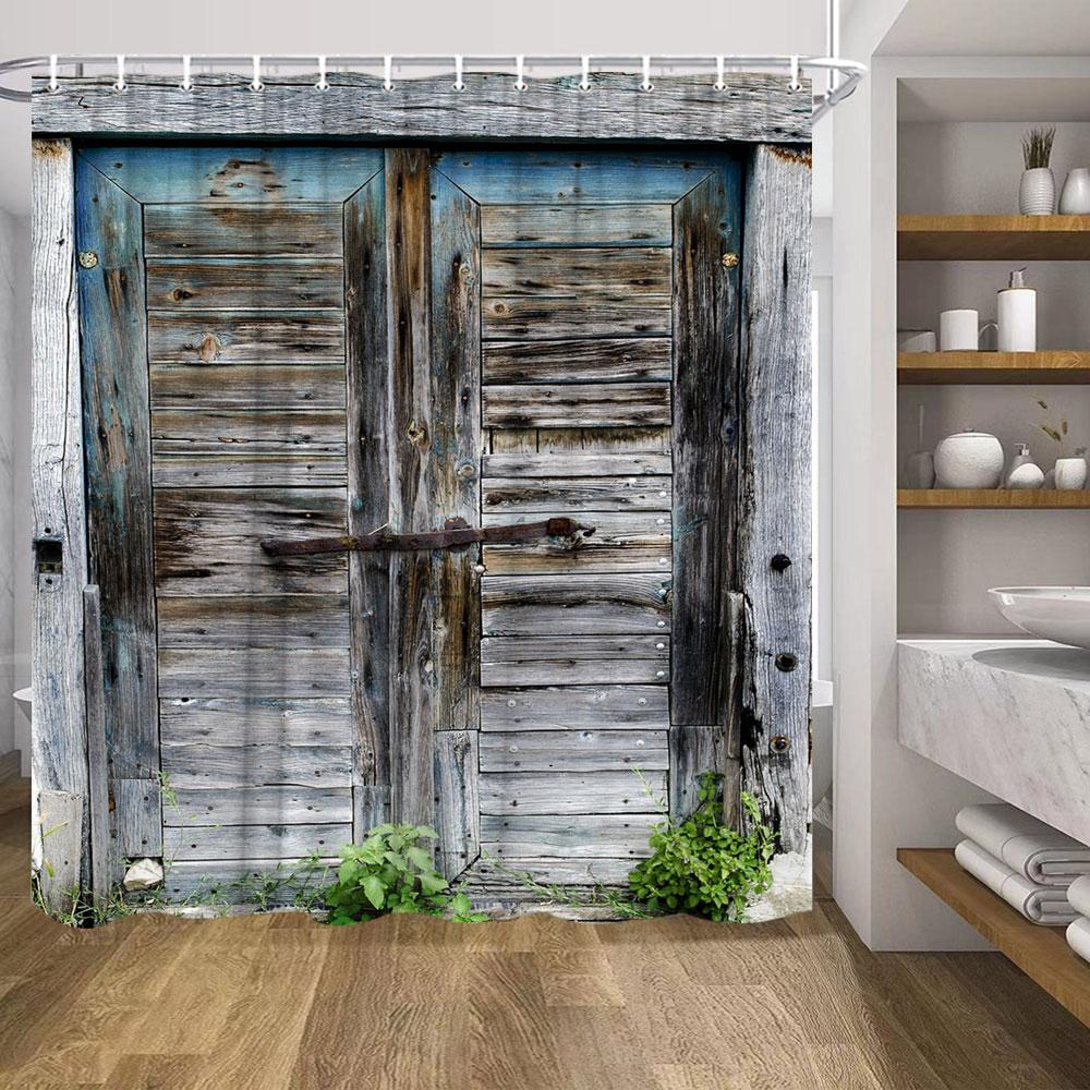 Retro Dřevěné Dveře Sprchový Závěs Sada Rustikální Starý Vintage Stodolové Dveře Látkové Koupelnové Závěsy Statek Koupelnová Dekorace Sprchové Zástěny Háček