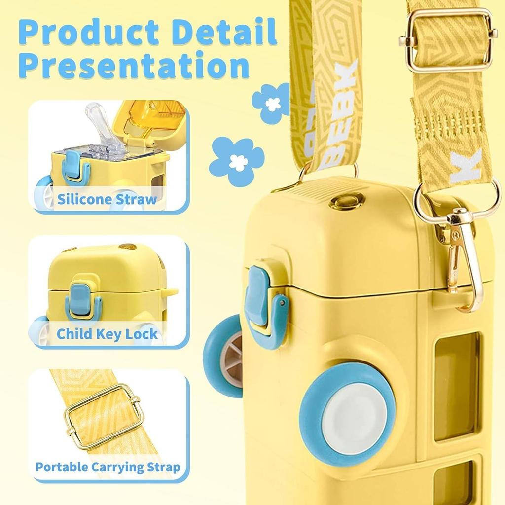 Water Bottle For Kids, Bus Shape Car Water Bottle with Straw For Kids, Portable Kid Water Cup with Shoulder Strap 500 ML