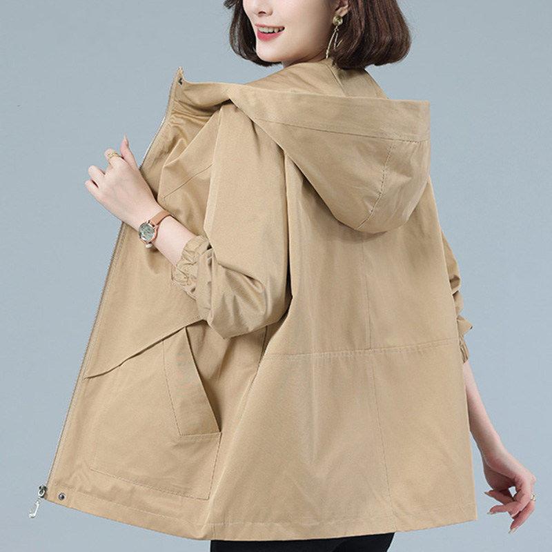 Beige Windjacke frauen Mid-Länge Trenchcoat Frühling und Herbst Neue Koreanische Lose Mit Kapuze Schwarze Jacke Weibliche Oberbekleidung