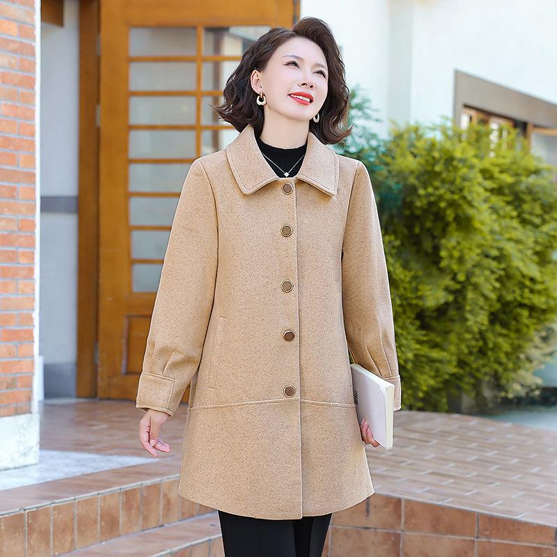 

Spring Mid-Length Woolen Coat for Middle-Aged & Elderly Women - Casual Single-Breasted Cardigan with Small Lapel 2XL (105-120 jin) хаки
