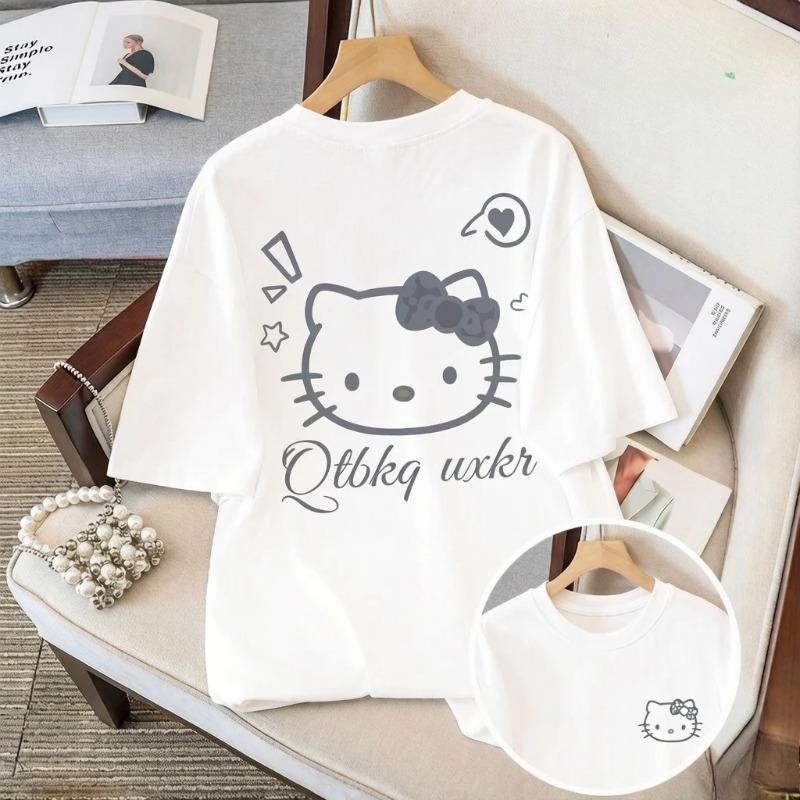 Hello Kitty 2026 Summer Tshirt High Quality Cotton Back Printed with Cream Neutral Retro Casual Round Neck Y2K Style Women Top