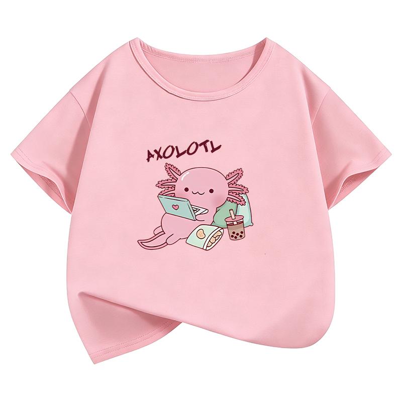New Animal Axolotl Drinking Bubble Tea T Shirts Funny Summer Kids Childrens Tshirt Boys Girls Casual Top Tee