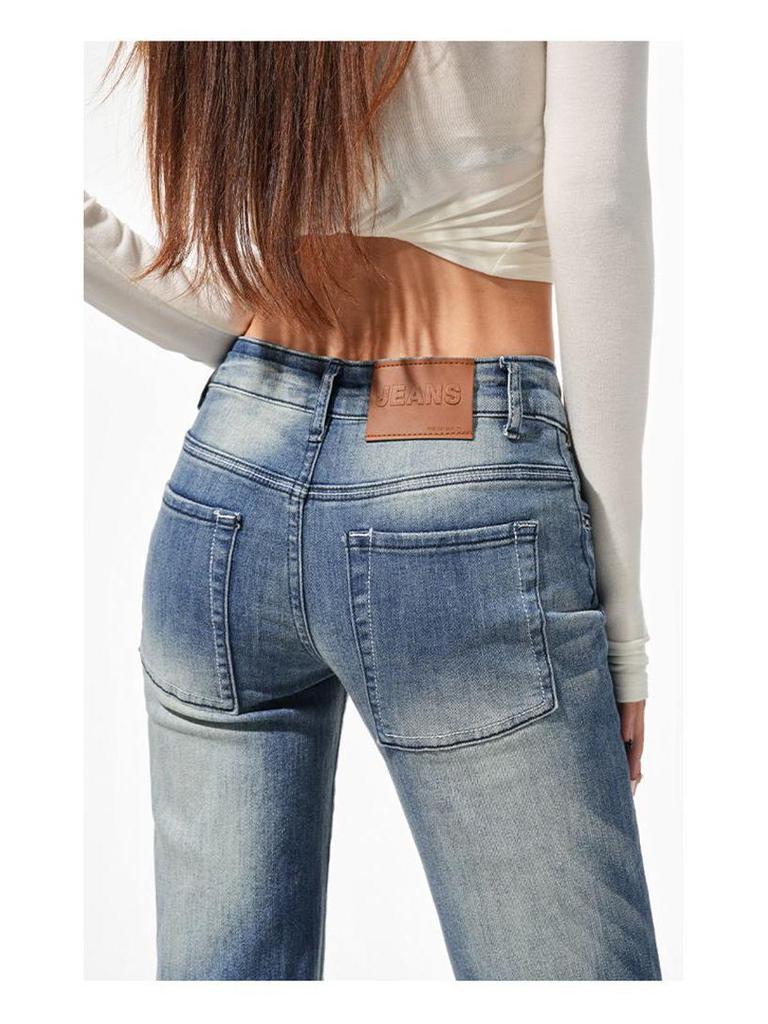 2026 Spring Women's High-Waisted Embroidered Micro-Flare Jeans In American Retro Blue.