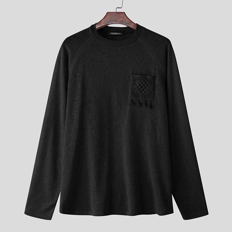 INCERUN Spring Men Round Neck Long Sleeve Crochet Casual Loose Pullover T-shirts Tops