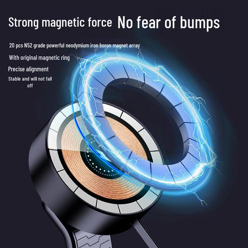 Magnetic Car Phone Holder with 15W Wireless Charger & Retractable Line, Rotating Stable Design