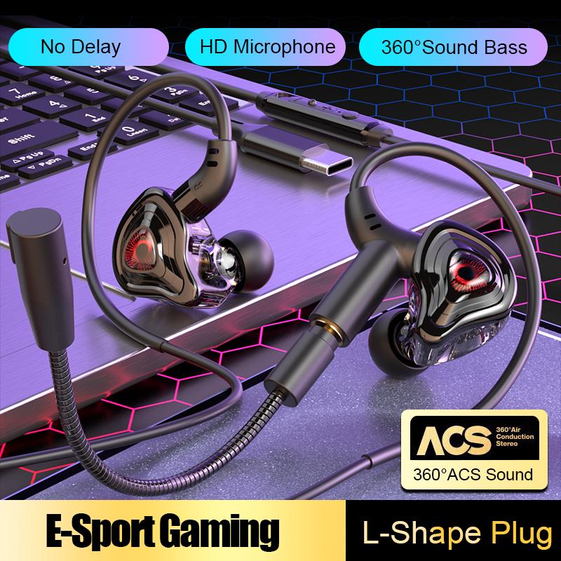 Gaming Headphones with Dual Mics Type C&3.5mm In-ear Earphones Surround Sound Gamer Headsets with HD Mic Handsfree for Samsung