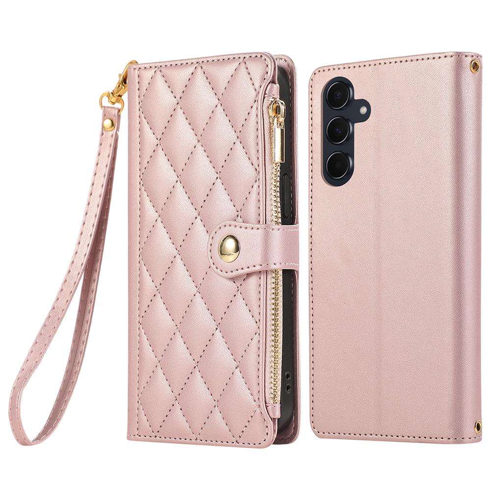 For Samsung Galaxy A16 4G/5G/A26 5G Case Multi Card Slots Zipper Rhombus Leather Phone Cover with Wrist Strap