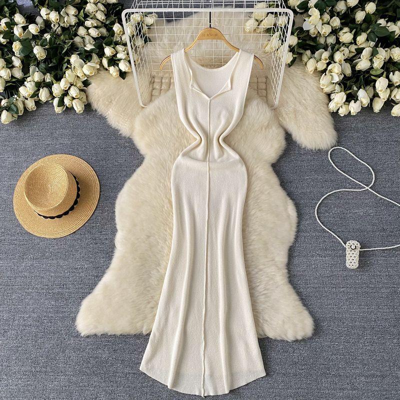 

Сексуальное элегантное платье светской львицы, женское стильное платье с V-образным вырезом без рукавов, приталенное, миди, вязаная юбка, платье-русалка Apricot All yards