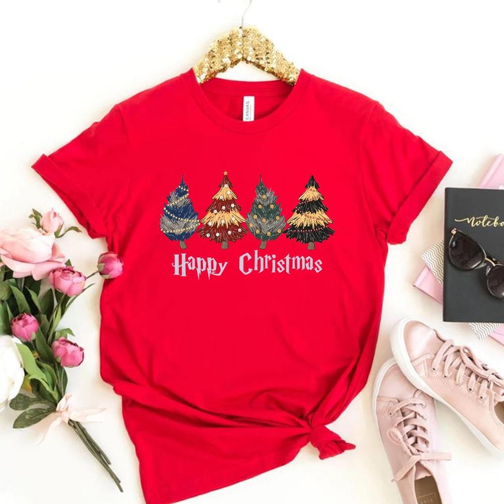Retro Christmas Tree Tshirt Magic School Shirt HP Wizard Houses Christmas Tshirt Happy Christmas Tee Unisex Short Sleeves Tops S