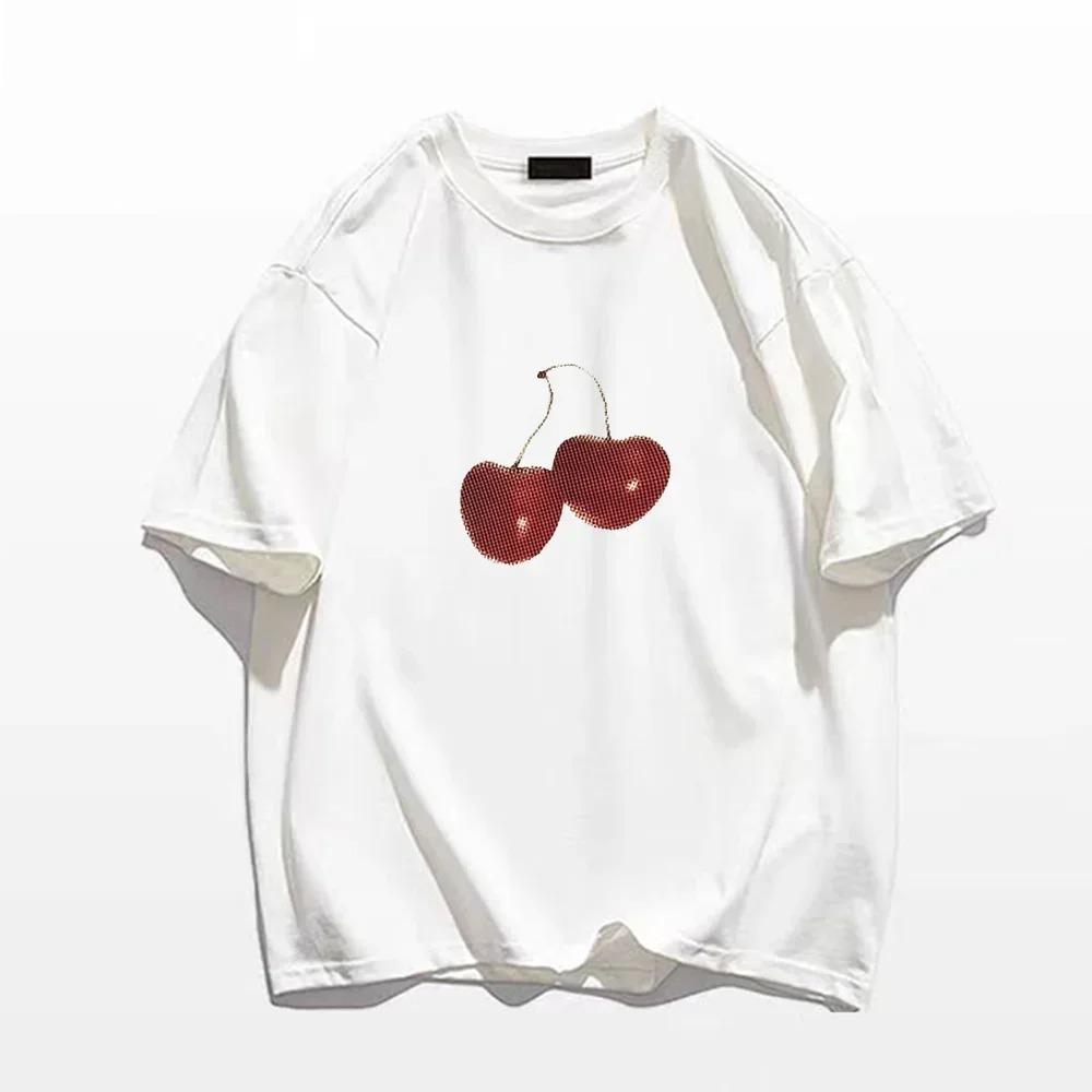 2024 Beautiful Cherry Print Summer T-Shirt Streetwear Gothic Harajuku Letter Graphic TShirt Vintage Crop Top Women's Y2K Clothes