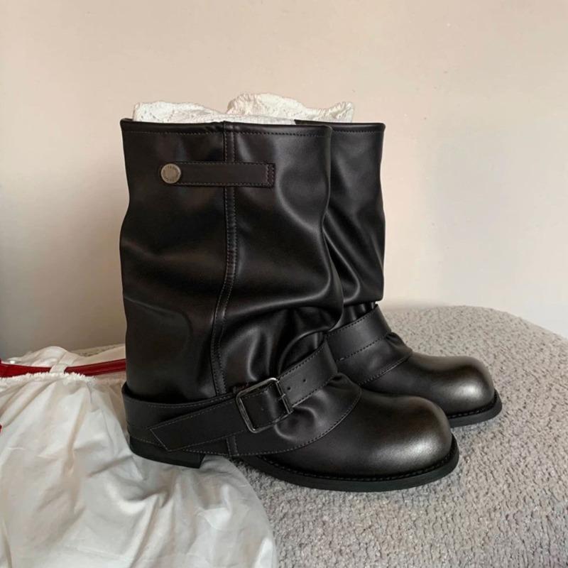 

Western Style Women Knight Boots Pleated Buckle Strap Retro Mid Heels Botas Mujer Autumn Footwear Brown Black Leather Lady Shoes 40