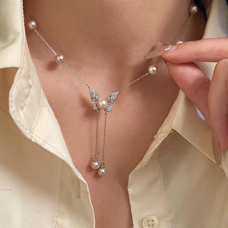 Bead Butterfly Tassel Necklace Light Luxury High Sense Stacking Wear Long Thin Collarbone Chain Necklace