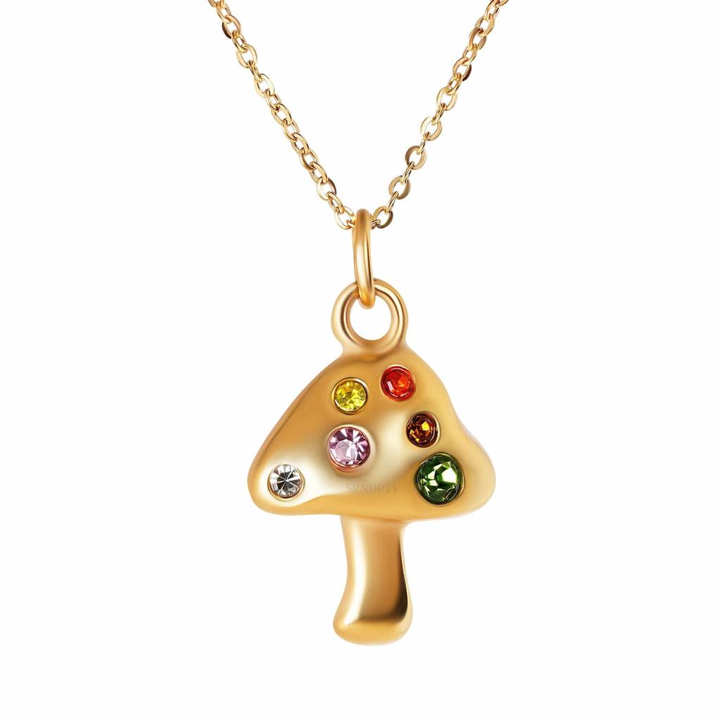 Stainless Steel Mushroom Necklace with Lucky Symbol Embedded In Zirconium Necklace, Gold-plated and Color Preserving