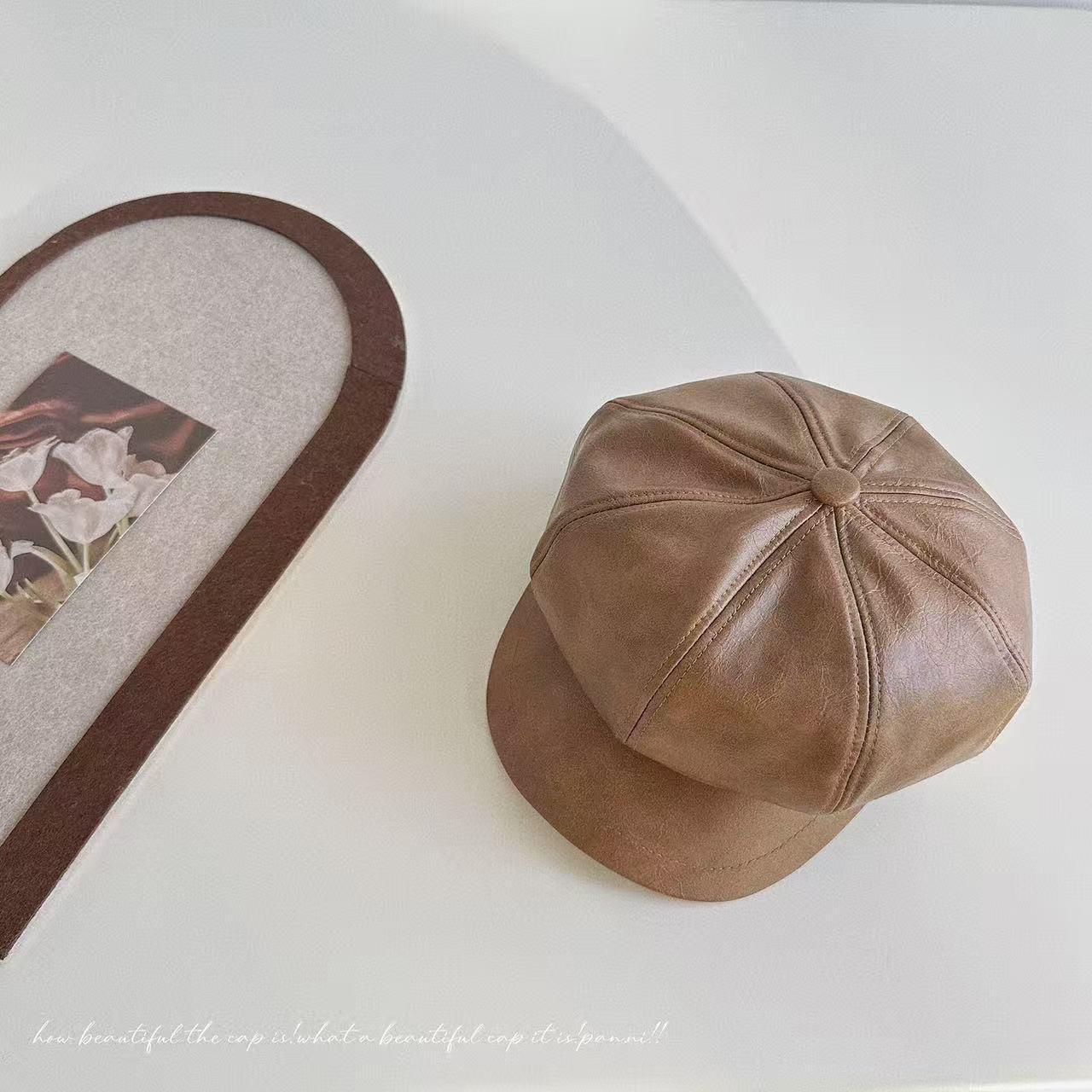 Детский восьмиугольный берет из ПУ-кожи в корейском стиле - Унисекс, ретро-мода для осени и зимы One Size 50-52cm