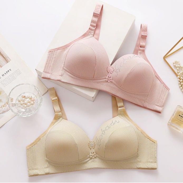 Thin Striped Bra for Women Breathable Without Steel Rings Gathering Bra Comfortable Adjustment Anti Sagging Bra