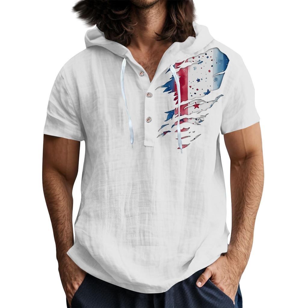 Men'S Casual Short Sleeved Hooded Top Buttoned Open Neck T-Shirt