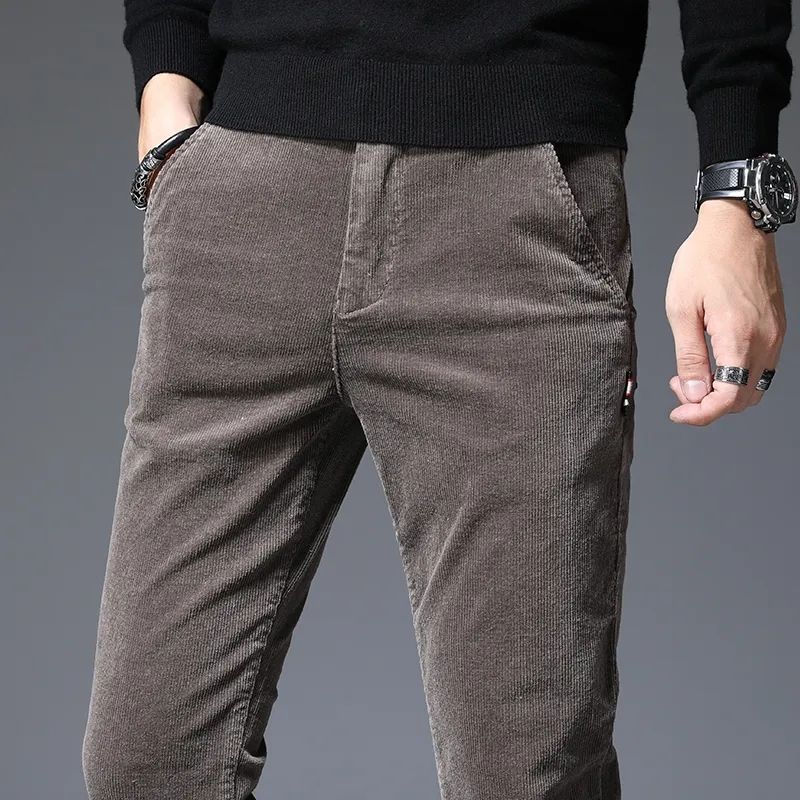 Autumn Winter Men's Corduroy Stretch Casual Slim Straight Velvet Thicken Men's Trousers Youth Pants