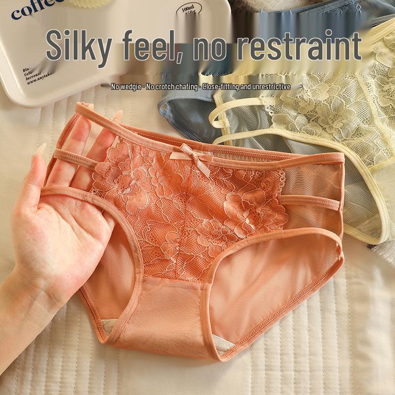 Damen Spitzen-Tanga im japanischen Stil: Hohle Netz-Mid-Waist, Bequeme & Atmungsaktive Baumwoll-Schritt-Slips.