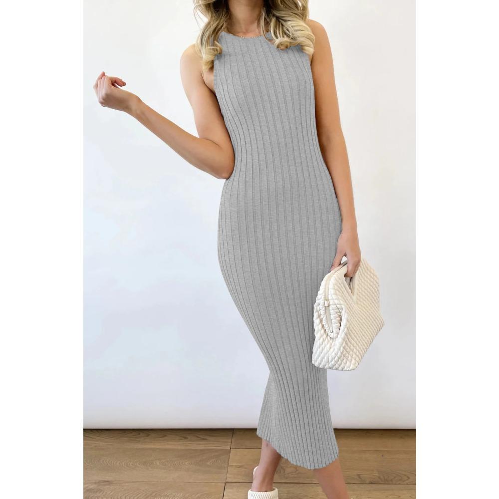 Women s Round Neck Sleeveless Ribbed Knit Slim Fit Mid Rise Elegant Bodycon Midi Dress S серый