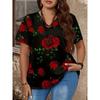 Plus Large Size Women's Floral Print V-neck Short-sleeved 3D T-shirt Casual Knitted Micro-stretch Top Pullover