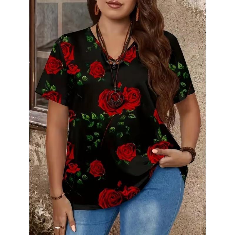 Plus Large Size Women's Floral Print V-neck Short-sleeved 3D T-shirt Casual Knitted Micro-stretch Top Pullover