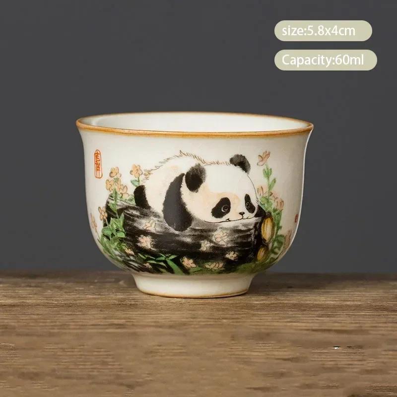1 Pc Chinese Tradition Ru Kiln Ceramic Tea Cup Hand-painted Cute Pandas Tea Bowl Handmade Teacup Exquisite Household Tea Set