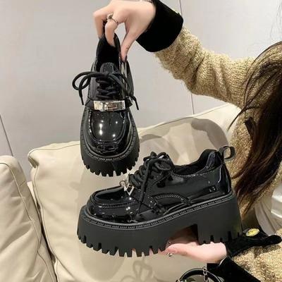 Fashion British Style Platform Leather Shoes Woman 2024 Spring Female Chunky Heel Black Fashion Loafers Lace Up Retro Mary Jane Shoes