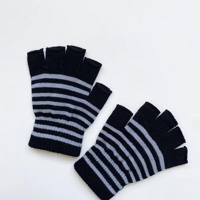 1Pair Unisex Black Stripes Half Finger Fingerless Gloves for Women Wool Knit Wrist Cotton Gloves Winter Warm Men Workout Gloves