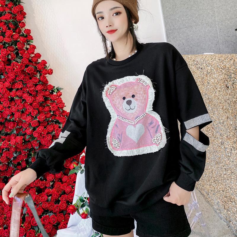 Thai Trendy Brand Autumn Cartoon Beaded Sweater Women's Medium and Long Korean Version of Foreign Style Long-sleeved Versatile Top Cross-border